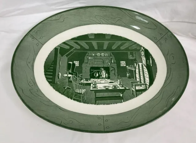COLONIAL HOMESTEAD GREEN by Royal China 13" Oval Platter Fireplace Scene