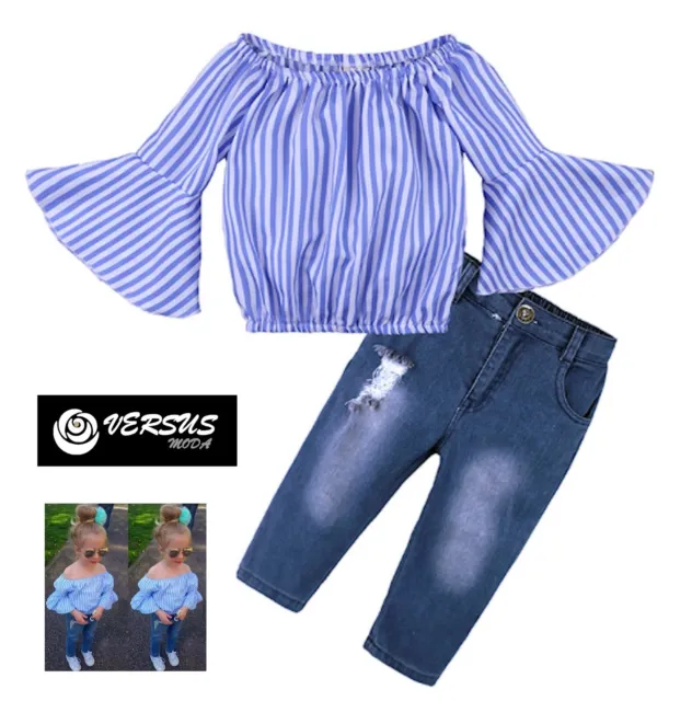 Maglia Top Manica Larga Bambina e Jeans Strappato Girl T-shirt Jeans Set SETCH10