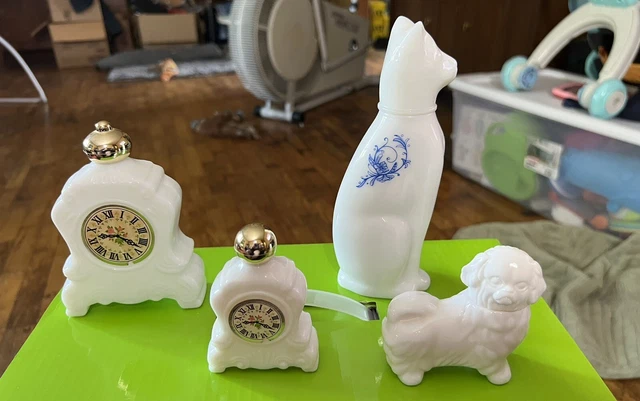 AVON VINTAGE WHITE MILK GLASS 2 CLOCKS PEKINESE and Cat Cologne