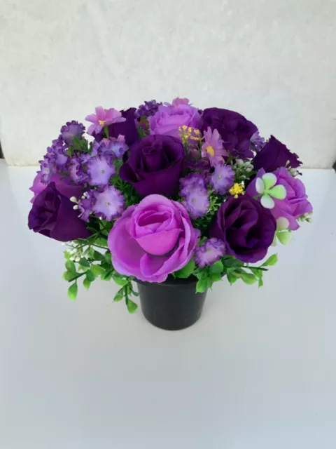 Beautiful artificial Purple flower arrangement in grave/memorial/crem pot 2