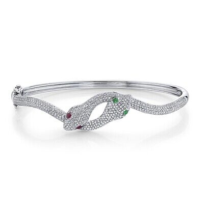 Diamant Rubis Émeraude Serpent Bracelet 14K or Blanc 2 Têtes Certifié 1.42