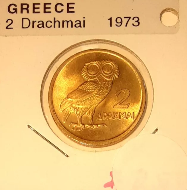 1973 Greece 2 Drachmai Nickel-Brass Coin Athenian Owl  Brilliant Uncirculated