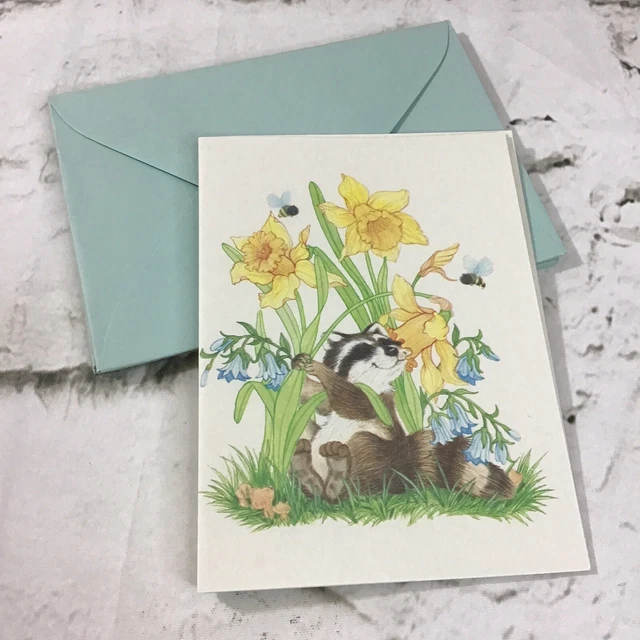 Vintage 80’s Happy Raccoon Daffodil Flowers Notecards Lot Of 7 By Montag