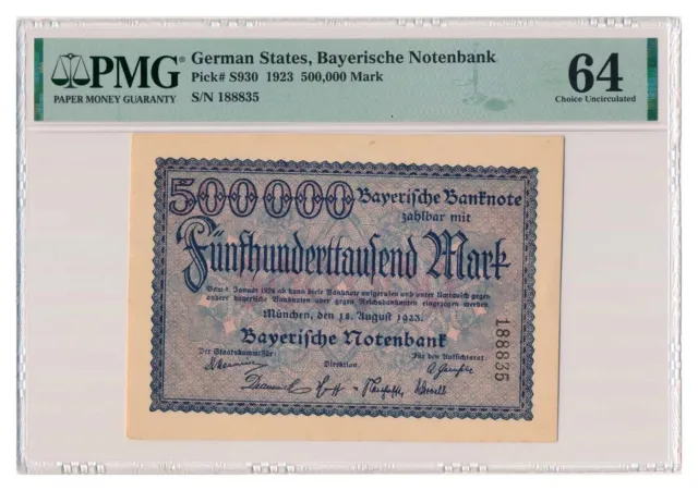 GERMAN STATES (BAVARIA) banknote 500.000 Mark 1923 PMG MS 64 Choice Uncirculated