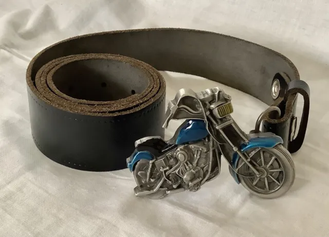 Mens 42” Leather Belt + Bergamot Brassworks Blue Enamelled Harley Buckle 1979