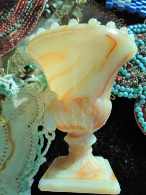 Slag Glass Toothpick Holder old Antique beading top Mini Urn Custard and Orange