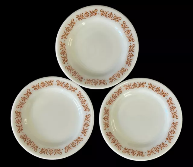 Vtg Set 3 Pyrex Corning 5.5" Bread Butter Dessert Plates Copper Filigree Pattern