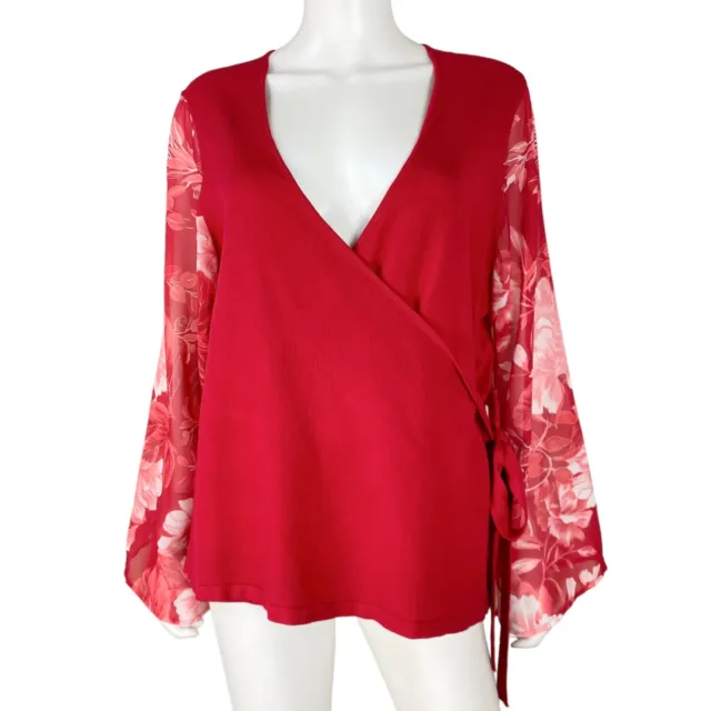 INC International Concepts 1X Knit Wrap Top Floral Contrast Sleeve Red Sweater