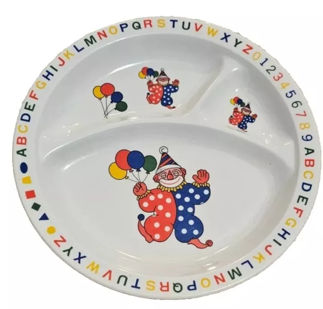Vintage 1980s Happy Clown Balloons Divided Childs Alphabet Plate Melamine