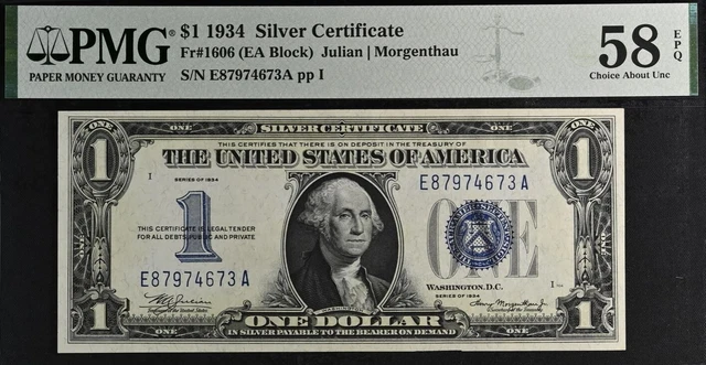 1934 $1 Silver Certificate PMG 58EPQ popular wanted EA Block Fr 1606