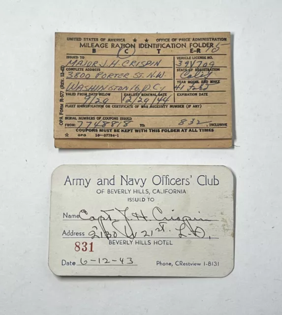 VINTAGE WWII MILITARY Identification Cards Mileage Ration Officers Club ...