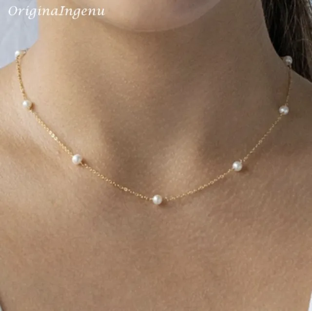 18K Gold Plated Freshwater Pearl Station Stainless Steel Necklace.