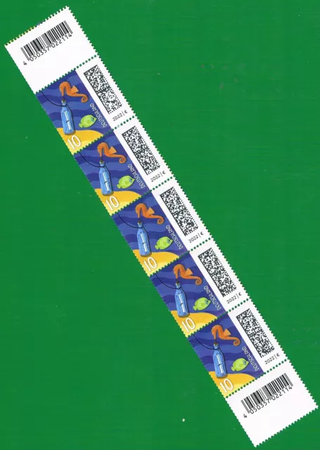Bund DS "Welt der Briefe" RM Rollenende 5er Streifen mit 2x EAN mit Nummer 005