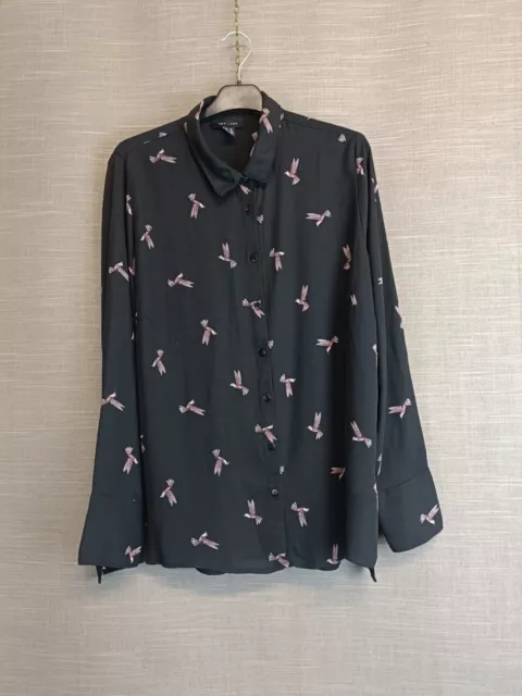 New Look Blouse Size 18 Black Pink Hummingbird Long Sleeve Chiffon