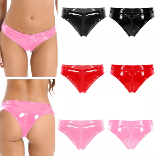 UK Women Shiny PVC Leather Booty Shorts Panties Zipper Crotch Knickers Underwear