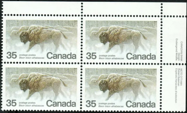 Canada sc#884 Endangered Wildlife: Wood Bison, UR Imprint Block, Mint-NH