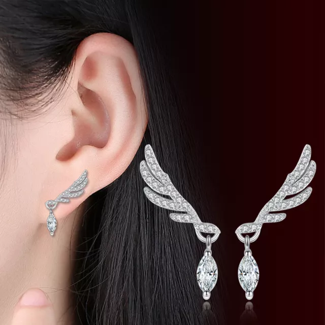 925 Sterling Silver Angel Wings CZ Dangle Stud Earrings Womens Fashion Jewelry