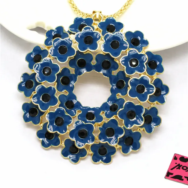 Betsey Johnso Blue Enamel Bling Flower Spring Crystal Pendant Women Necklace