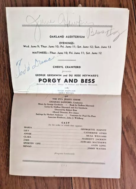 Gershwin's  Porgy & Bess - 1942 Oakland Auditorium - Todd Duncan Signed Program