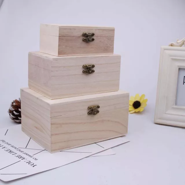 1/3X Wooden Box Plain Wood Wooden Square Hinged Storage  Boxes Craft Gift Box