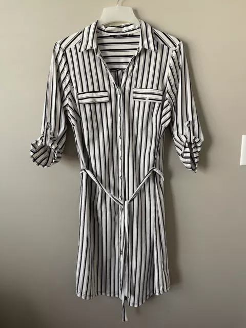 Mlle Gabrielle Women's Black White Striped Button Down Shirt Waist Dress Size 1X