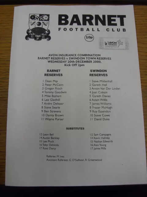 20/12/2000 Barnet Reserves v Swindon Town Reserves  (Single Sheet Folded). Fault