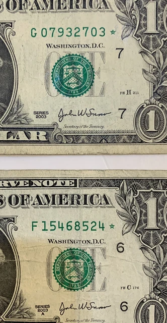 Star Note Lot x2 2003 G Chicago 2003A F Atlanta $1 One Dollar Bills FR notes **