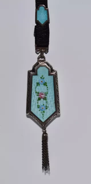 FABULOUS! Antique STERLING HP *ENAMEL GUILLOCHE* Locket RIBBON Necklace Tassel