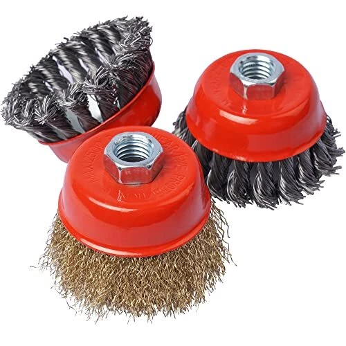 Wire Cup Wheel Brush 3 Pack 3 Inch Coarse Crimped Knotted With 5/8inch11 Threade
