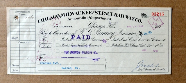 Chicago, Milwaukee & St.paul Rwy Co Check To Ironton Railroad Co Milwaukee Road