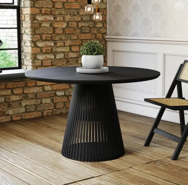 Round Black Solid Acacia Wood Dining Table - Wooden, Fluted Design Base - 120cm