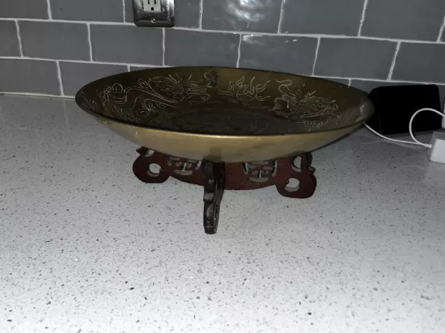 Vintage Chinese Brass Etched Dragon Blessing Bowl & Wooden Stand
