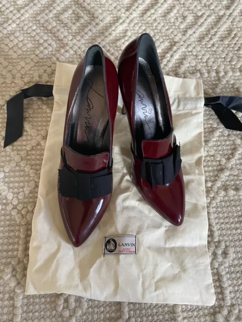 LANVIN NEW Without Box Shiny Leather Loafer Pump Heels Burgundy Bow Sz 40 1/2