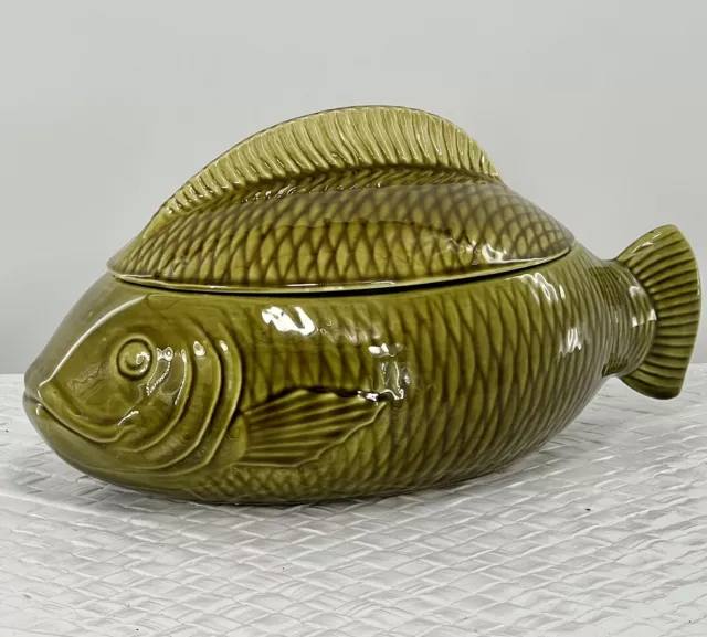 Vintage Lidded Fish Tureen/Sarreguemines France/Green Majolica/13”L x 6 1/2”T