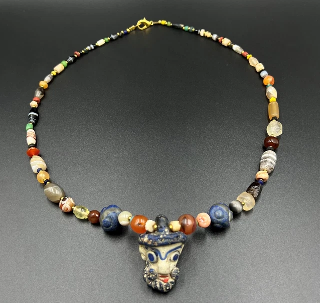 ancient indo tibet lapis crystals banded agate antique old beads necklace