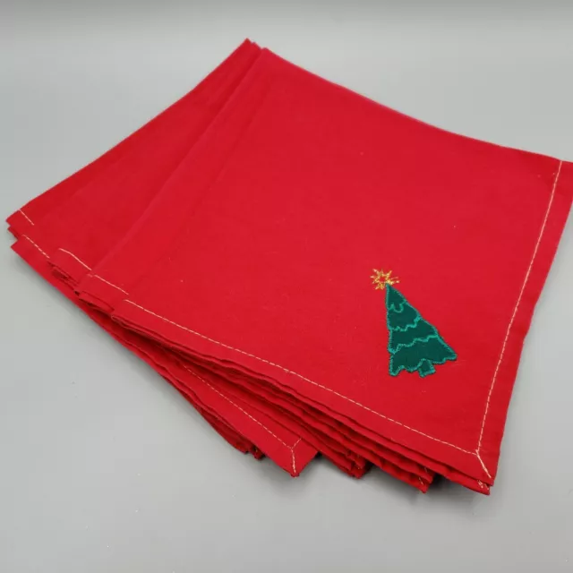 Set of 6 Red Cotton Christmas Dinner Napkins Appliqued Tree with Star 15" Square