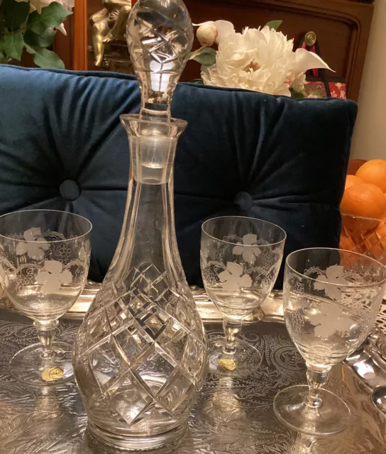 Bohemian Small Crystal glasses X 3 & Decanter Unbranded Sherry Port Vintage RARE 2