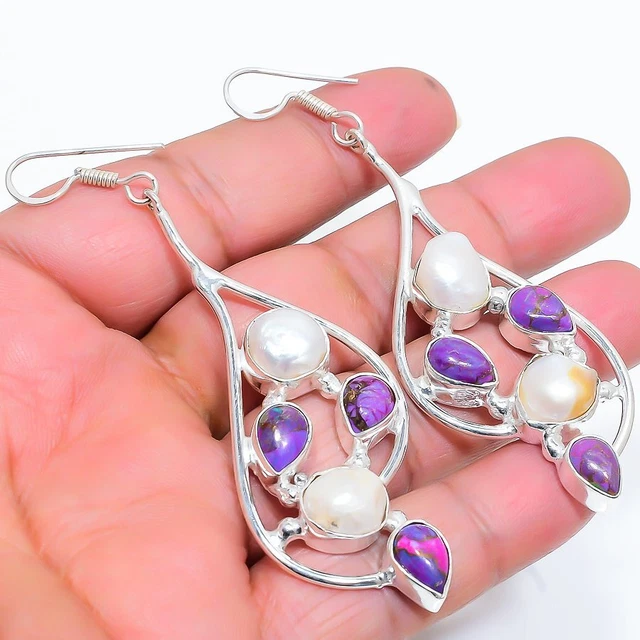 Copper Purple Turquoise, Pearl 925 Sterling Silver Jewelry Earring 3.15" k117