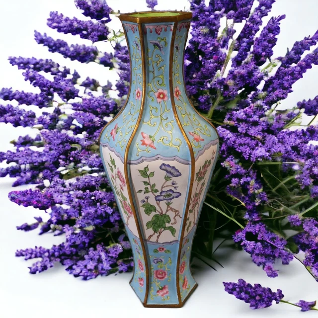 Early 20th Century Chinese Canton Enamel on Gilt Brass Faceted Hexagonal Vase