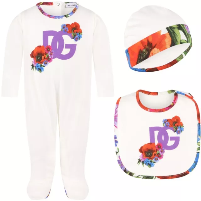 DOLCE & GABBANA DG Blumendruck Babygrow Lätzchen und Hut Set Alter 3-6 Monate (REF8)