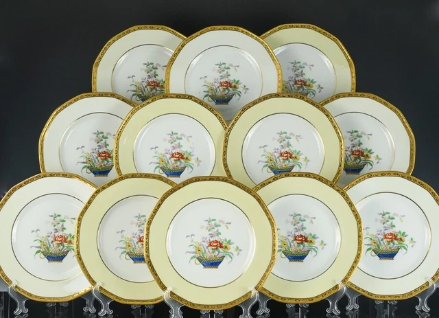 GREAT SET OF 12 c1920 ART DECO LIMOGES FRENCH ENAMEL FLOWER BASKET DINNER PLATES