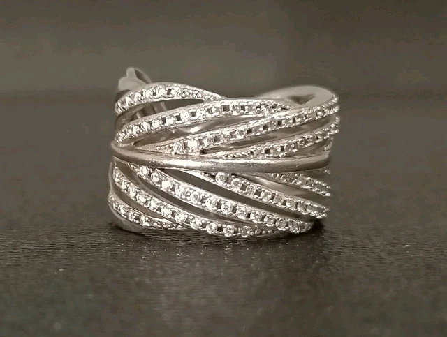 Bague Ancienne En Argent Massif 925 Sertie De Zirconiums Blancs - Taille 53.5 - Occasion Bon état
