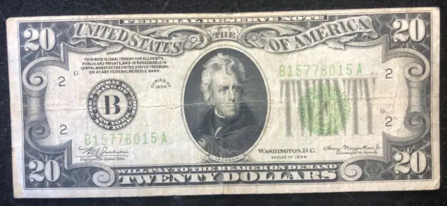 1934 Federal Reserve Note Green Seal $20 Twenty Dollar Note Bill Currency