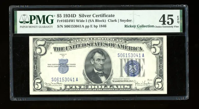 DBR 1934-D $5 Silver Fr. 1654Wi Wide I SA Block PMG 45 EPQ Serial S06153041A