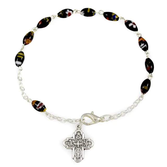 Rosary Bracelet Black Millefiori Glass Beads four way Cross