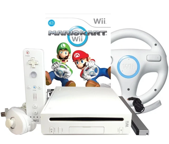 NINTENDO WII CONSOLE Full Setup + Mario Kart Game & Official Wheel