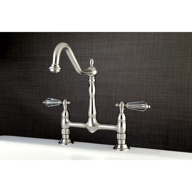 Victorian High Spout Bridge Crystal-Handles Kitchen Faucet satin nickel