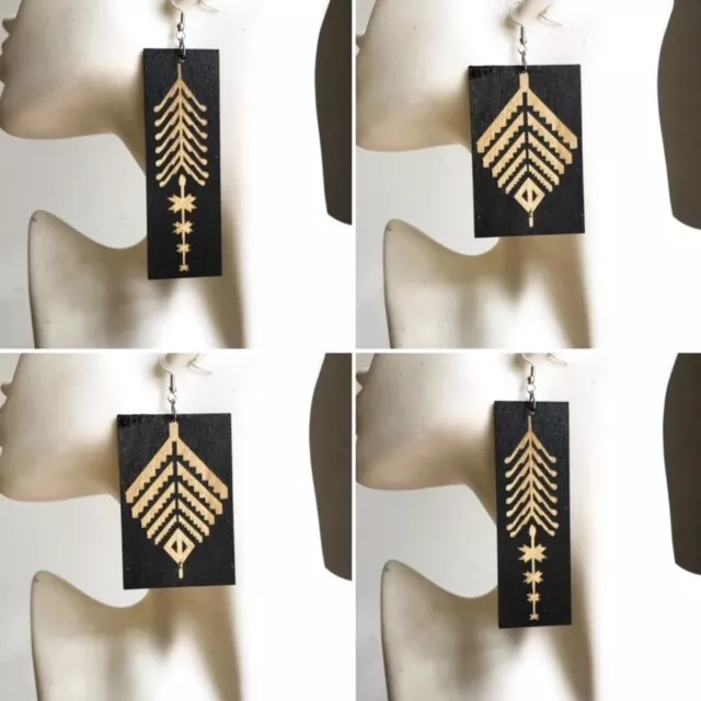 Large Tribal African Laser Cut Geometric Pattern Rectangle Fashion Earrings