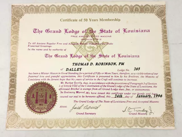 Masonic Grand Lodge Of Louisiana Certificate 50 Years Membership 1996