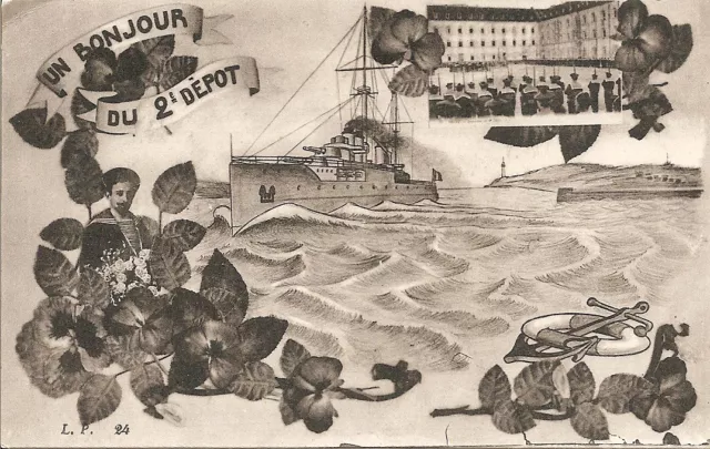 CPA L.P.24"UN BONJOUR DU 2e DEPOT" DE LA FLOTTE MARINE BREST Ed.Lévy Fils et Cie